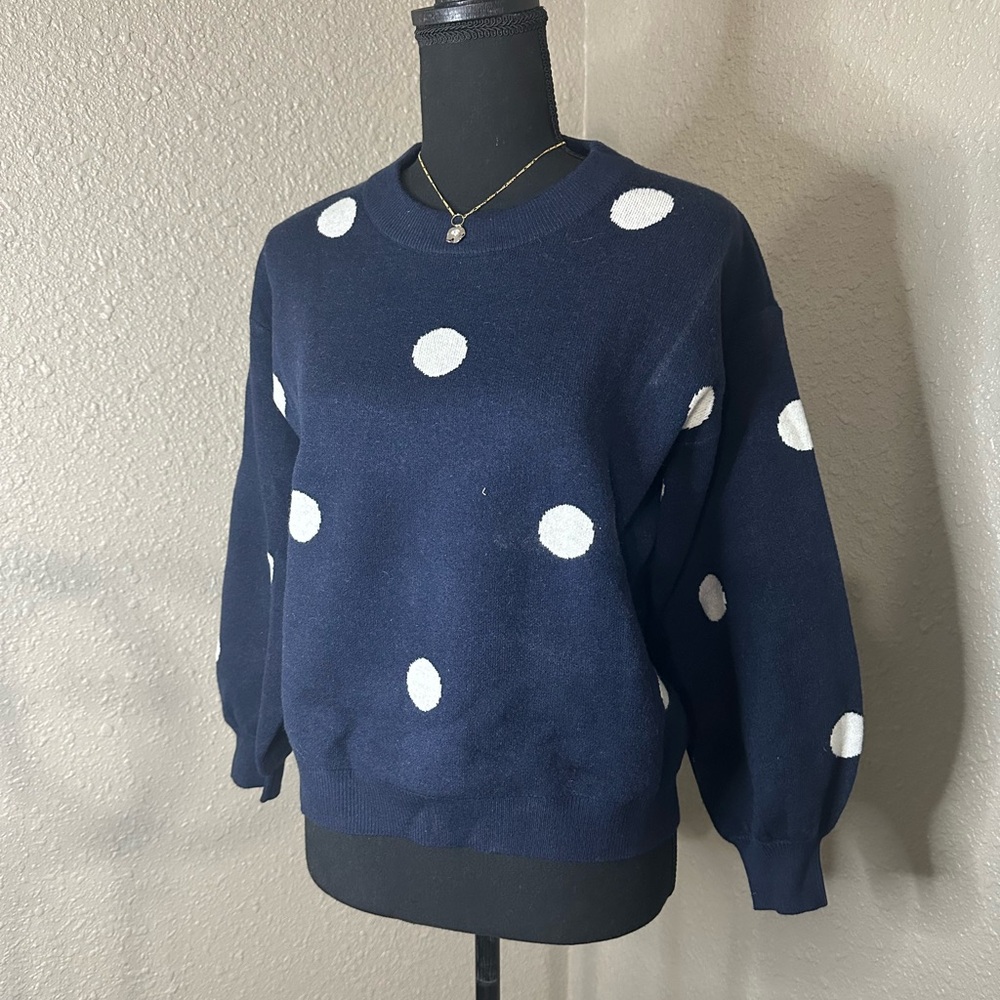NWT Les Serein Pettle Balloon Sleeve‎ Sweater in navy/white dots